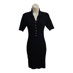 Guess By Marciano Black Ribbed Polo Midi Dress Black Bodycon Button Front Sz S